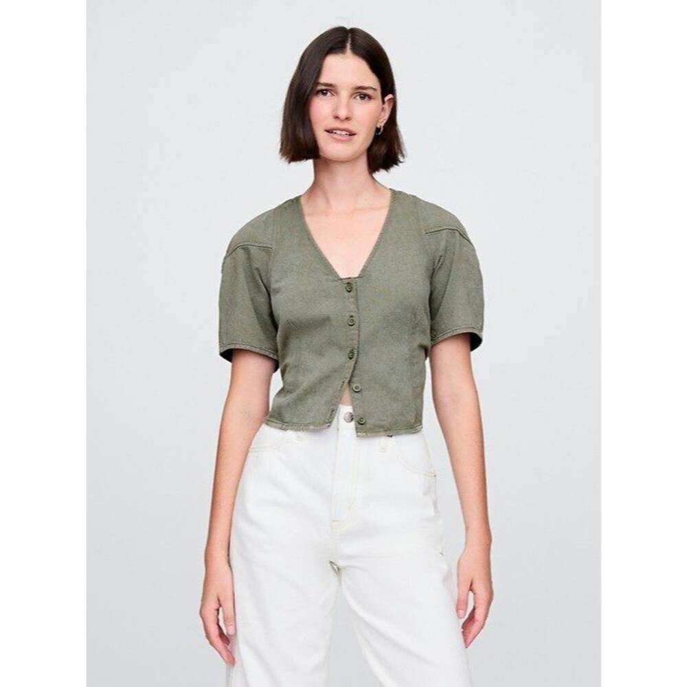 Gap Olive Green Barrel Sleeve Button Up Denim Top Cottage Utility Size XXL NWT